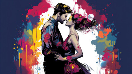 Illustration of cool looking bride and groom or couple kissing in mixed grunge colors style.