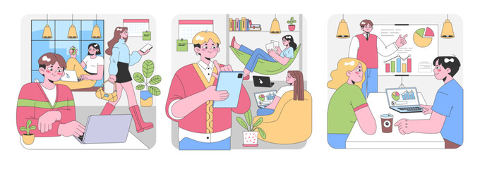 Workspace set. Relaxed professionals in a modern open office. Collaborating, discussing graphs, lounging, enjoying coffee breaks. Connectivity and teamwork. Flat vector illustration.
