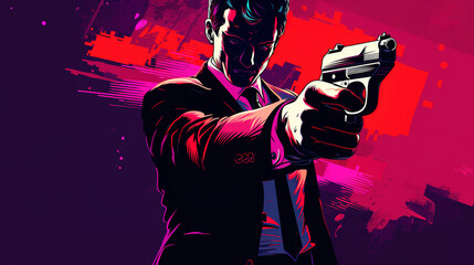 Illustration of cool looking professional killer or mafia pointing his gun toward camera in pop art comic style.  - obrazy, fototapety, plakaty