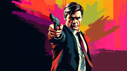 Illustration of cool looking professional killer or mafia pointing his gun toward camera in pop art comic style.  © Tepsarit