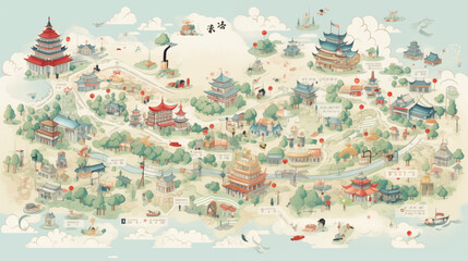 Adorable Watercolor Cartoon Illustration of Tokyo City Map, Japan