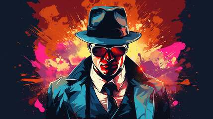 Illustration of cool looking a mafia or gangster in mixed grunge color pop art style. - obrazy, fototapety, plakaty