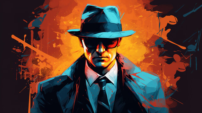 Illustration of cool looking a mafia or gangster in mixed grunge color pop art style.