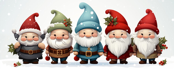 Set of Cartoon Santa Gnomes Christmas Design on White Background