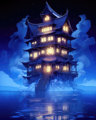 Night scene with ancient Chinese temple in the sea