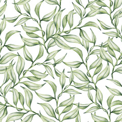 Seamless watercolor floral pattern - green leaves and branches composition on white background, perfect for wallpapers, postcards, greeting cards, wedding invitations, romantic events.
