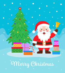 Cute Santa Claus with gift boxes and New year tree. Merry Christmas and New Year design.
Color vector illustration in cartoon flat style.