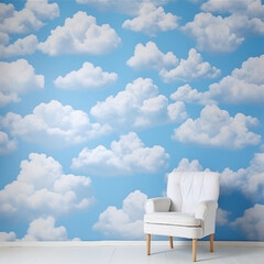 Fondo con detalle de pared decorada con patron de nubes y cielo azul, junto a mobiliario
