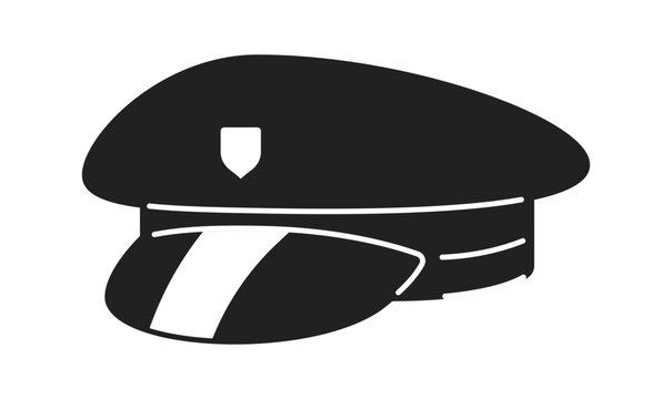 Policeman hat black and white 2D cartoon object. Uniform police officer accessory isolated vector outline item. Security. Law enforcement uniform cap headwear monochromatic flat spot illustration