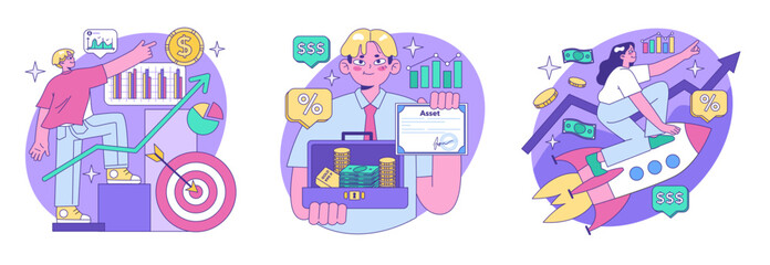 Mutual fund set. Investment fund, asset portfolio invested in stocks. Young character investing money with the prospect of profit. Modern investment vehicle. Flat vector illustration