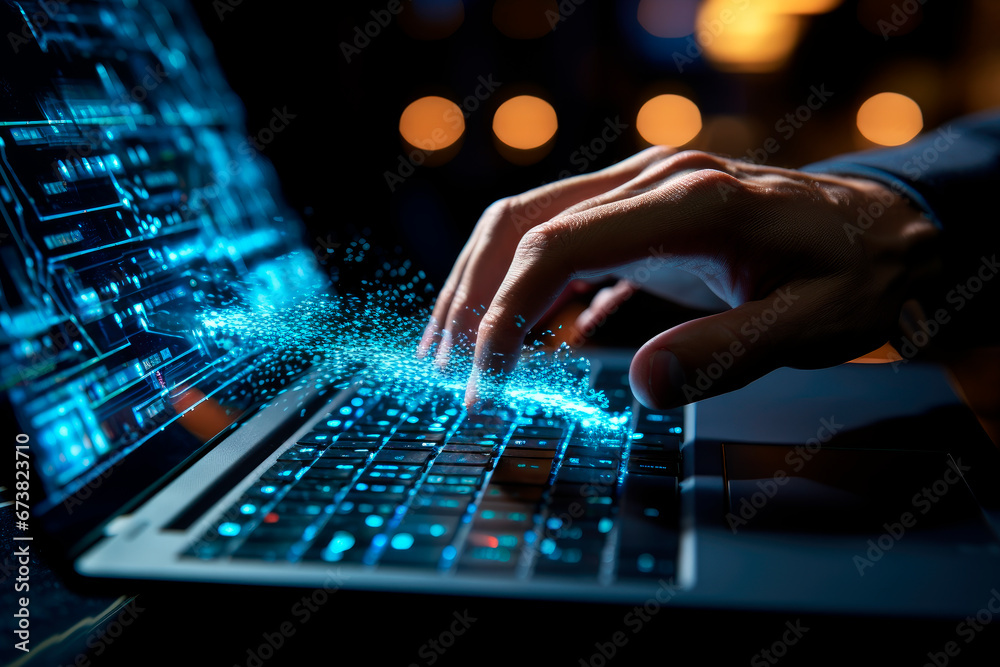 Wall mural programmer typing new code. laptop and hand closeup. working time.