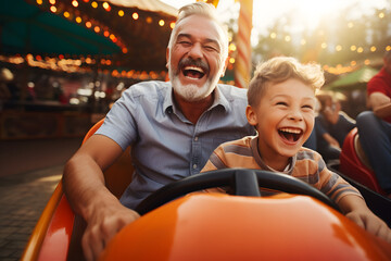 Grandparent and grandson enjoying driving a bumper car