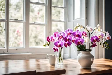Foto op Canvas A bouquet of orchid and carnation flowers, placed in an ivory ceramic vase, on a wooden surface, near an open window. © Muhammad