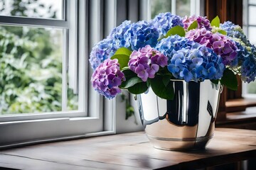 A bouquet of hydrangea and freesia flowers, placed in a sleek silver ceramic vase, on a wooden surface, near an open window.