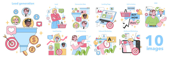 Lead generation set. Digital marketers optimize online strategies. Funnel conversion, landing pages, nurturing, and CRM tools. Interaction with clients. Flat vector illustration