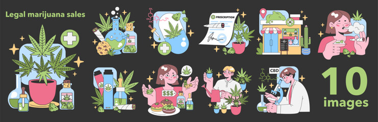 Legal marijuana set. Modern cannabis industry visuals. Customers explore products, doctors prescribe, stores sell. Relaxation, medication, recreation. Flat vector illustration