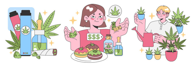 Cannabis Lifestyle set. Characters enjoy cannabis products. Vaping, edibles, tinctures, and plants. Trendy wellness choices. Fun cannabis exploration. Flat vector illustration