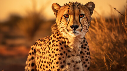 One adult cheetah full body side view of her leaping over tall yellow grass in soft afternoon light in Savuti Botswana