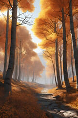 Path through the autumn forest. Detailed drawing.