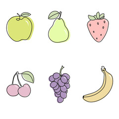 set of fruits and berries. Set of linear illustrations. Apple, banana, pear, cherry, grapes, strawberry