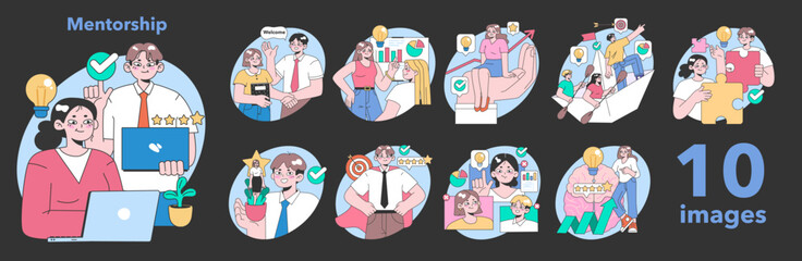 Mentorship set. Professionals guiding newcomers. Achieving goals, sharing knowledge, building teamwork. Growth, collaboration, skill development. Flat vector illustration.