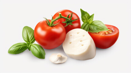 Mozzarella with tomatoes and basil leaves isolated on white background.