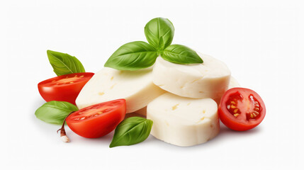 Mozzarella with tomatoes and basil leaves isolated on white background.