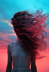 Naklejka premium woman with hair covering her face in the wind