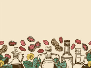 Composition with oil bottles and a sprig of peanuts with leaves and a flower, peanut nuts.