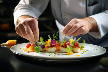 Close-up view of hands of chef preparing tasty fresh gourmet dish on white plate