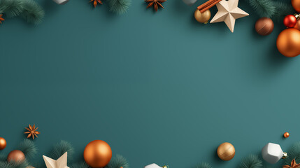 Christmas frame with festive decorations, jingle bells, stars, christmas trees. Space for text, on green background.