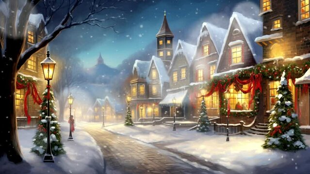christmas night in the city, seamless looping video background animation, cartoon anime style