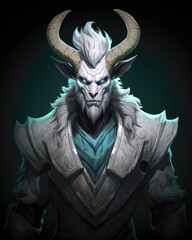 Evil creature with horns on a dark background. Fantasy illustration