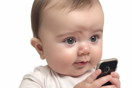 Close Up Of Cute Happy Little Baby Is Sitting On A White Background And Hold A Smartphone