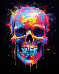 Colorful Skull with Vibrant, Splattered Paint