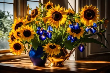 A bouquet of sunflower and iris flowers, placed in a radiant gold ceramic vase, on a wooden surface, near an open window.