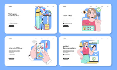 Modern Office Technologies set. Innovative solutions for workspace flexibility, tech-savvy office spaces, hands-on smart home controls, and seamless digital communication. Multi-device interaction