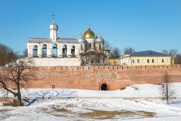 The bell tower and domes of St. Sophia Cathedral in the Kremlin of Veliky Novgorod, Russia