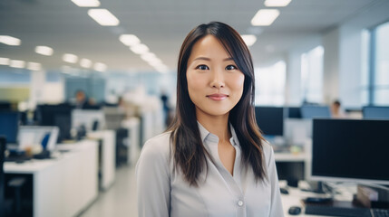 Fototapeta premium Portrait of asian business woman in office, generated with ai