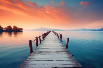 Fototapeta premium A Solitary Dock in the Serene Reflection of a Tranquil Lake