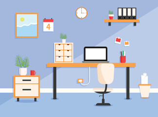 Modern office workplace interior. Desk with laptop, chair, cabinet, flower, stationery, document papers, calendar, cup, clock. Professional business workplace Vector illustration in flat style.

