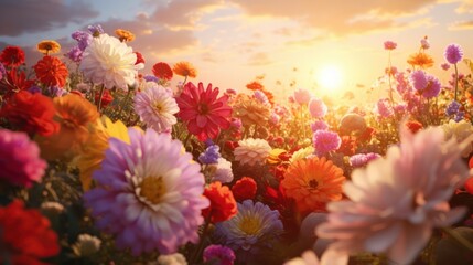 sunshine on a field of flowers - obrazy, fototapety, plakaty