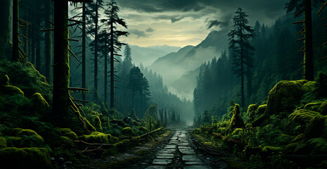 Forest road after heavy rain storm - AI generated image - obrazy, fototapety, plakaty
