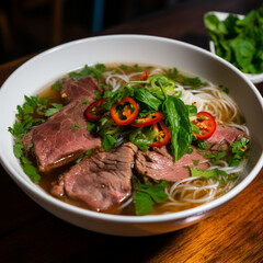 Fotografia con detalle de cuenco con fideos, vegetales y carne, con jugo