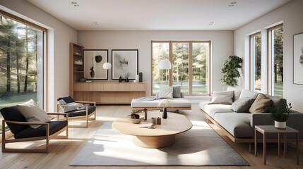 Midday Tranquility: Clean Lines and Comfort in the Scandinavian Living Room - Created using Generative AI