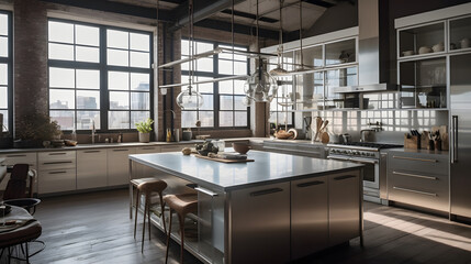 Midday Urban Elegance in The Contemporary Loft Kitchen, Chic Style - Created using Generative AI