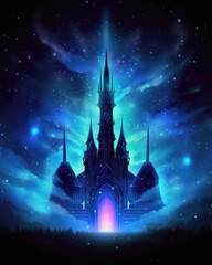 Mysterious dark castle in the night sky. Fairy tale illustration