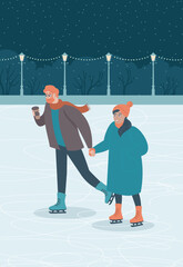 Happy couple skating together on the ice rink in the night - 673828300