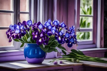 A bouquet of iris and hydrangea flowers, placed in a purple ceramic vase, on a wooden surface, near an open window.,