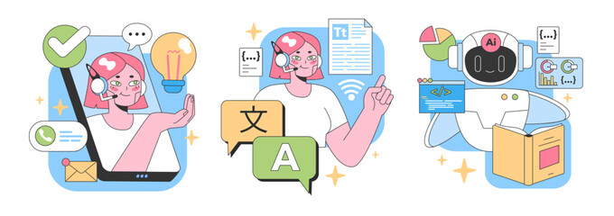Digital Assistants Unleashed set. From making calls, creative brainstorming, coding, to AI analytics. Multitasking, real-time solutions, language translation. Flat vector illustration
